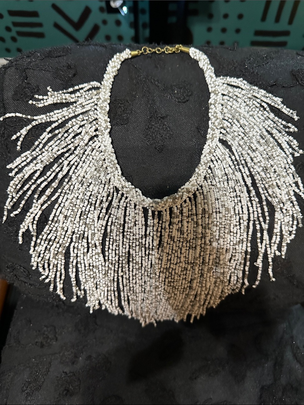 Beaded Silver Fringe Statement Necklace